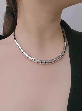 欧美复古黑皮绳银色金属串珠项链