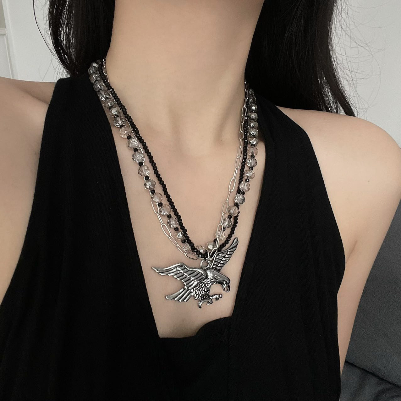 y2k多层水晶串珠飞鹰吊坠项链女