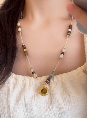 欧美复古彩石串珠虎眼石吊坠项链