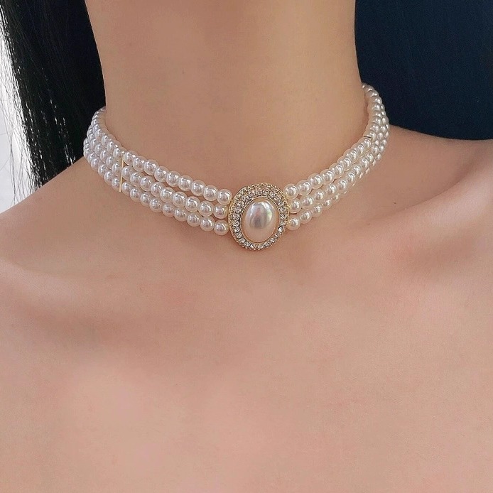 法式复古轻奢三层珍珠镶钻项链女