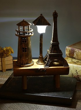 复古灯塔沙漏欧式发光路灯装饰木质底座风车沙漏摆饰