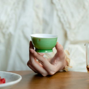 家用品茗杯祖母绿事事如意高足反口杯 拓土陶瓷茶杯主人杯单杯中式