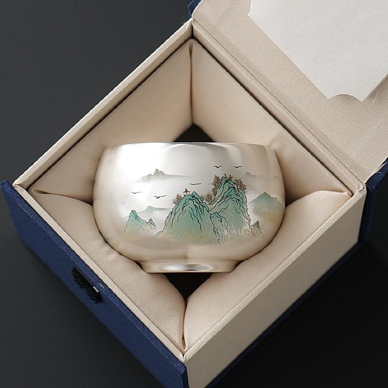 银杯子 999鎏银茶杯家用主人杯品茗单杯中式养生茶具高档礼盒送礼