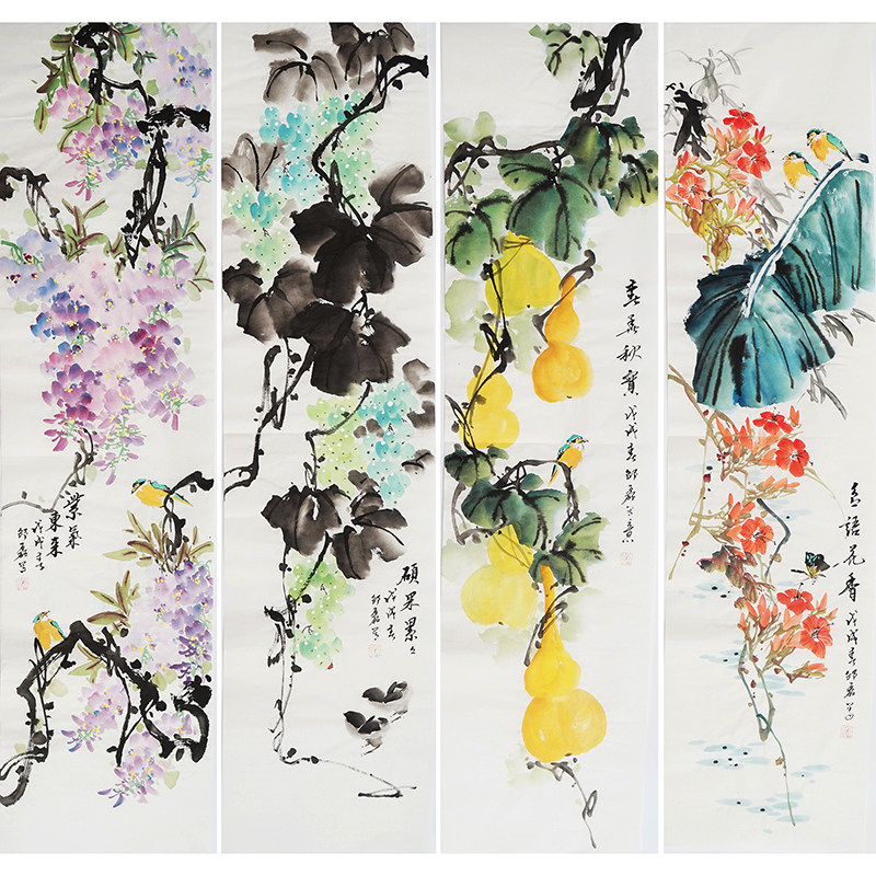 国画写意花鸟画四条屏装饰画紫气东来字画葫芦手绘水墨画邵磊0050