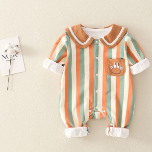 婴儿卡通条纹春秋连体衣男女宝宝春季外出哈衣爬爬服双层薄款套装