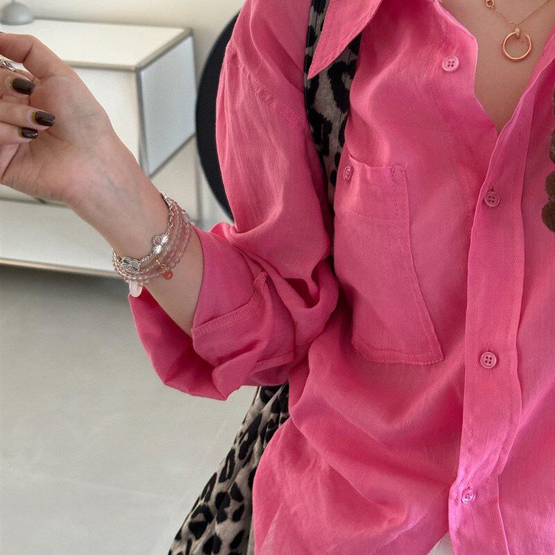 法式温柔显白百搭宽松排扣树莓粉衬衫春夏苎K麻防晒长袖衬衫女075