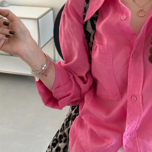 法式温柔显白百搭宽松排扣树莓粉衬衫春夏苎K麻防晒长袖衬衫女075