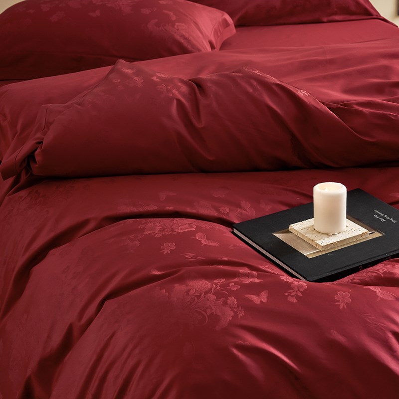 高级感红色结婚四件套100S长绒棉纯棉被套喜庆新婚庆床单床上用品