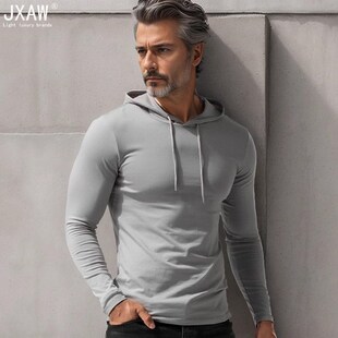 新款 2025春季 连帽打底衫 薄款 白色秋衣 长袖 紧身带帽衫 T恤男士