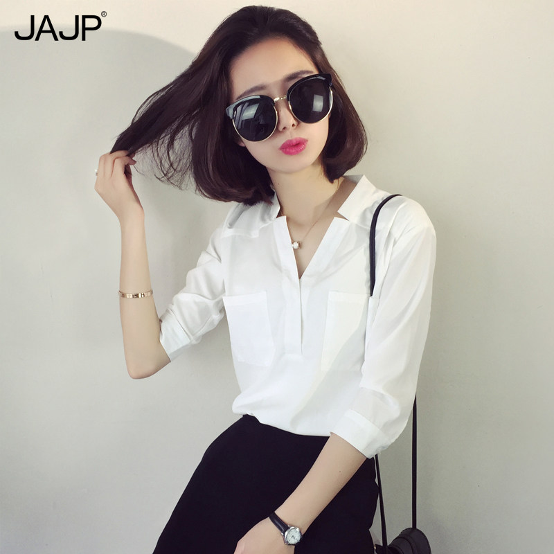 2021年v领衬衫女中r袖工作服雪纺气质职业装七分袖白衬衣夏季薄款