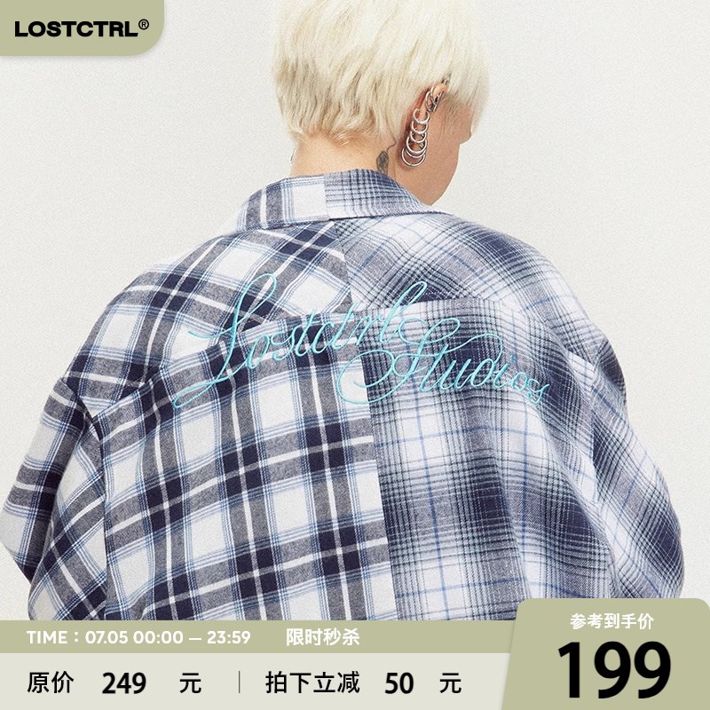 LOSTCTRhL小岛日记拼接格子衬衫男长袖毛边刺绣衬衣设计感小