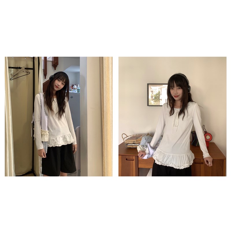 岛屿日记 怎么穿都好看的春季长袖L白色少女感花边内搭