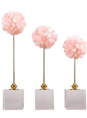 现代简约天然粉色水晶花球水晶底座摆件家居卧室客厅软装装饰品