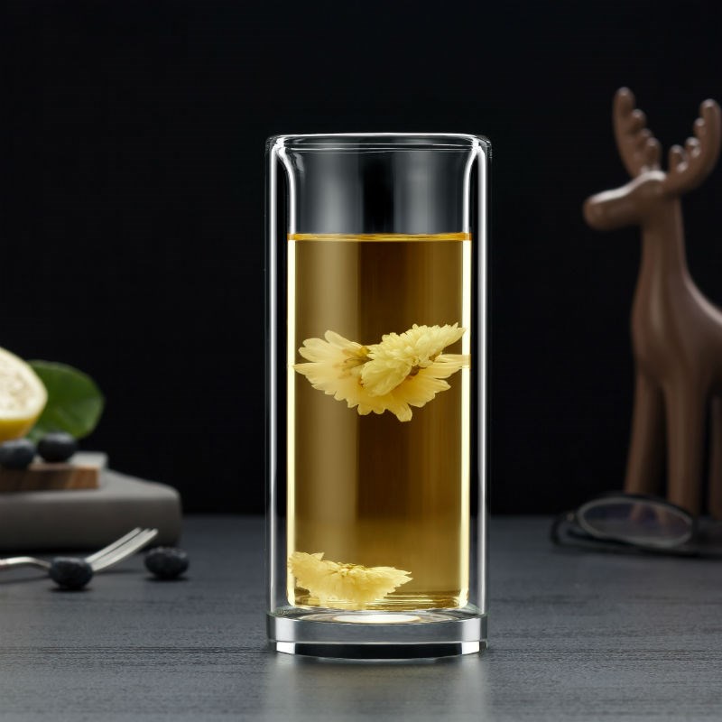 双层玻璃杯加厚水晶杯家用无w盖直筒泡茶杯绿茶定做商务招待办公