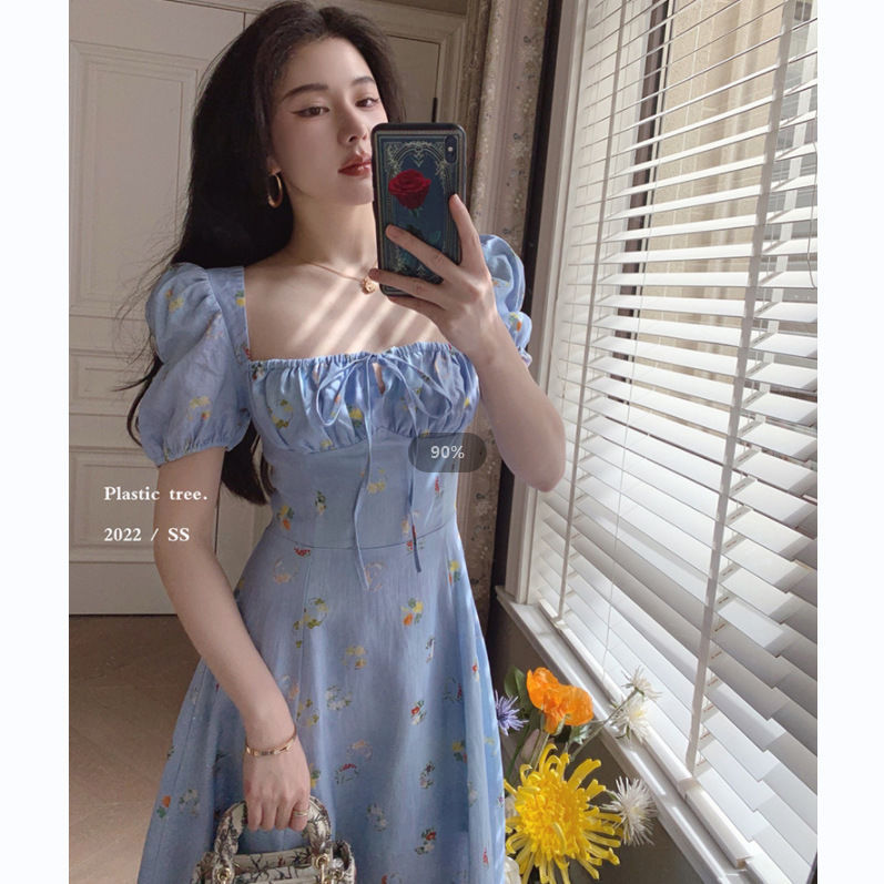 韩版法式仿雪纺印花连衣裙女时尚新款夏季方领修身碎花泡泡袖长裙