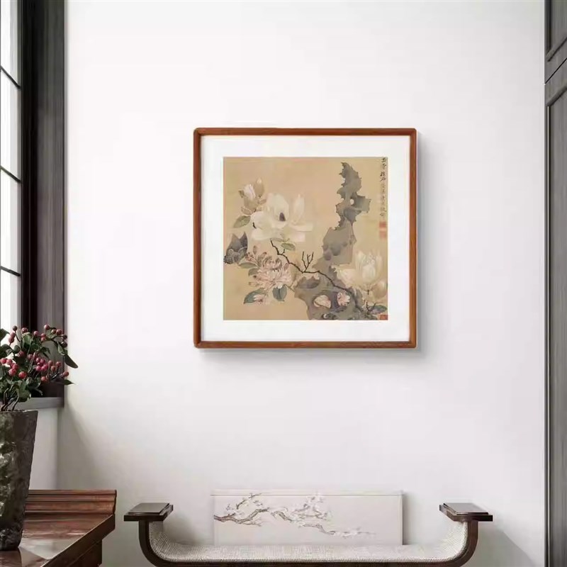 国画花鸟画有框客厅玄关装饰画书房餐厅挂画明清花鸟玉堂柱石图