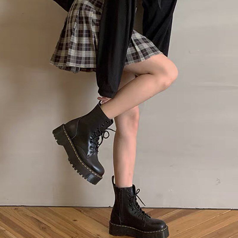 鞋子女春秋新款厚底马丁靴t英伦风机车靴子中筒女靴百搭短靴高跟