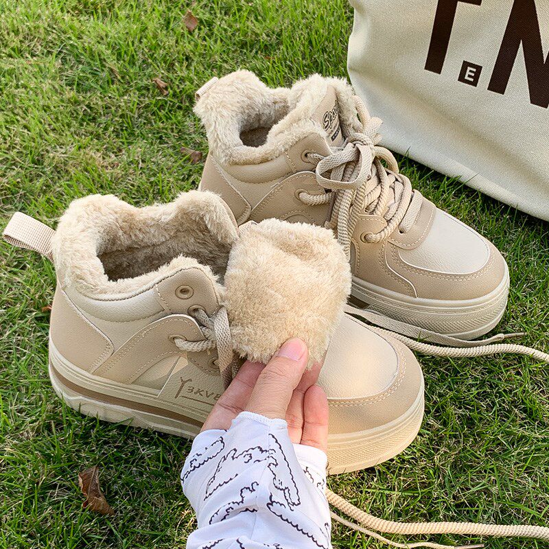 加绒保暖高帮厚底棉鞋女款2024冬季新款增高配阔腿裤休闲运动板鞋