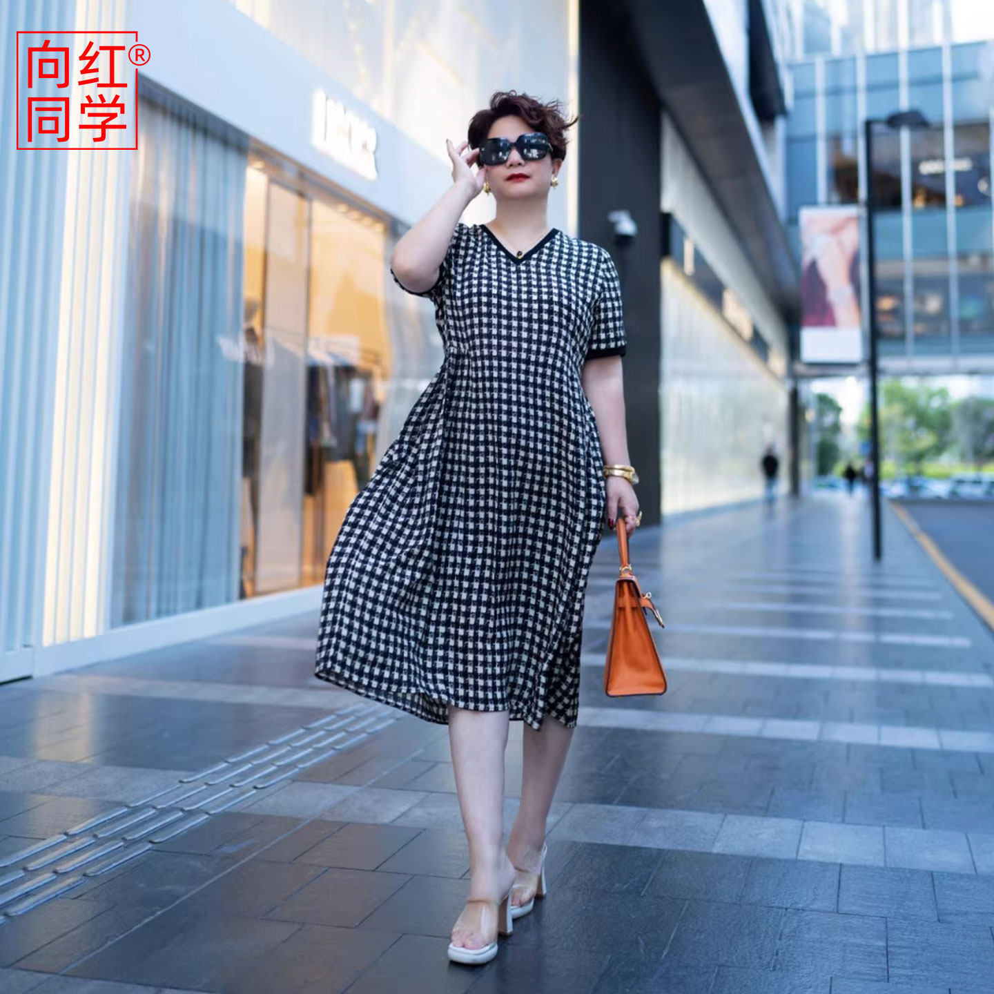 向红同学大码大富婆女装2026夏真丝黑白格子桑蚕丝长款连衣裙0108
