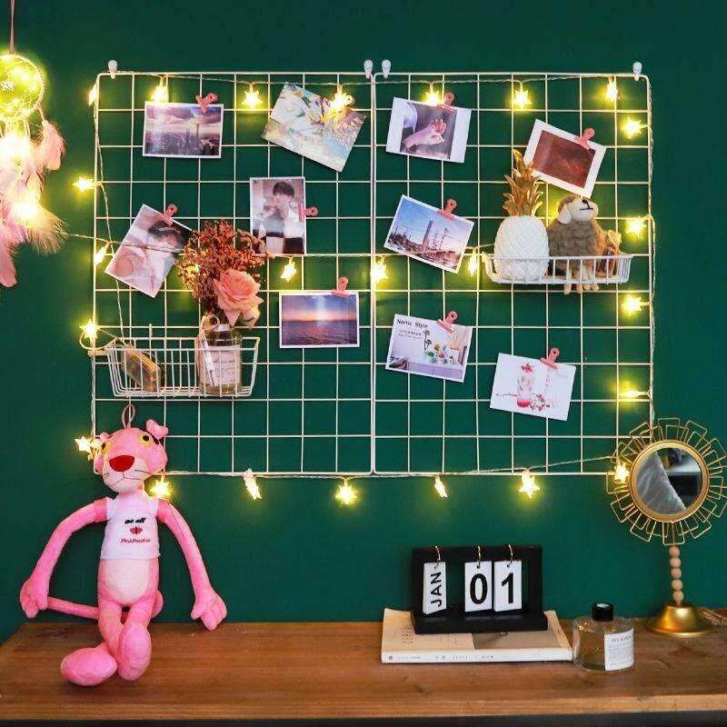 网格照片墙上装饰麻绳夹子悬挂无痕钉少女心房间布置寝室相框挂墙