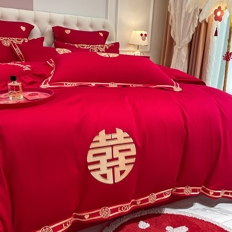 中式大红色龙凤婚庆四件套全棉被套结婚陪嫁送礼床上用品