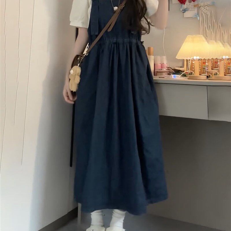 夏季新款日系学院风小个子水洗z牛仔背带裙+泡泡袖衬衫时尚套装女