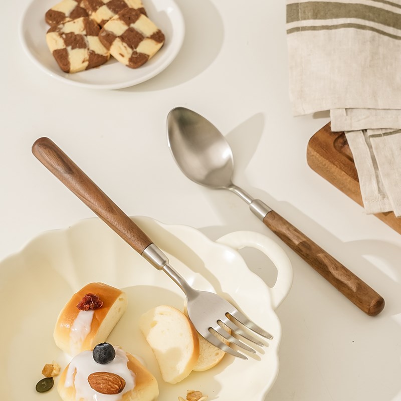 木柄叉勺套装不锈钢叉子家用精致特别好看的勺子饭勺调羹汤匙