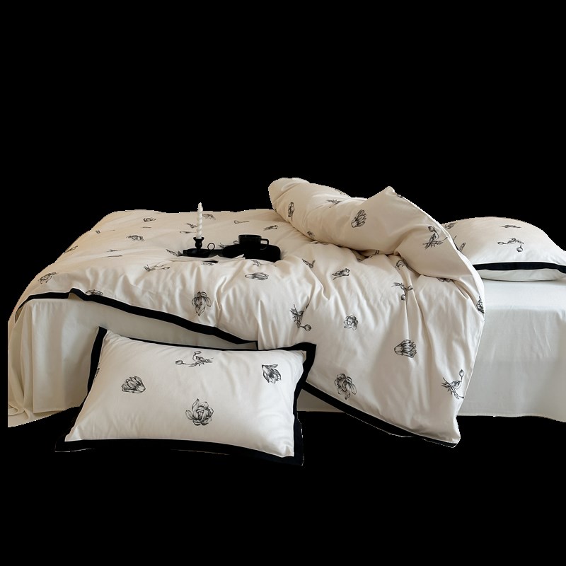 微雨山茶/中式古韵100支全棉磨毛四件套简约加厚纯棉被套床单床品