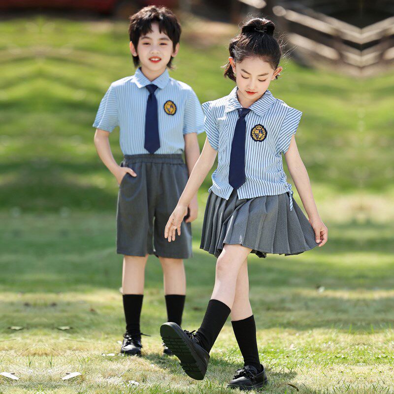 小学生校服夏装学院风条纹衬衫儿童毕业照班服套装幼儿园夏季园服
