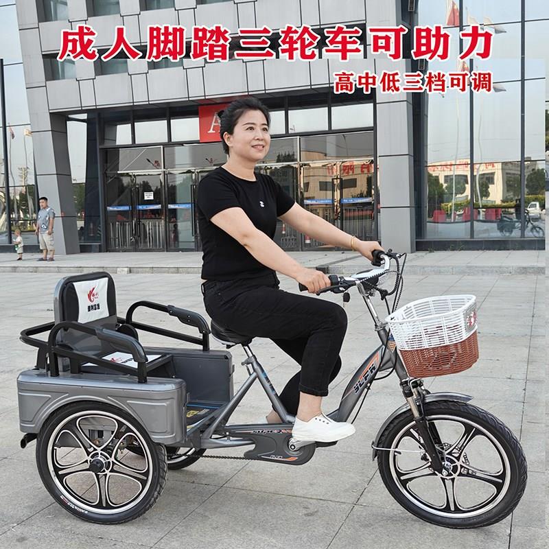 老年脚蹬助力三轮车成人脚踏电动自行车老人代Q步接U送孩子客货二
