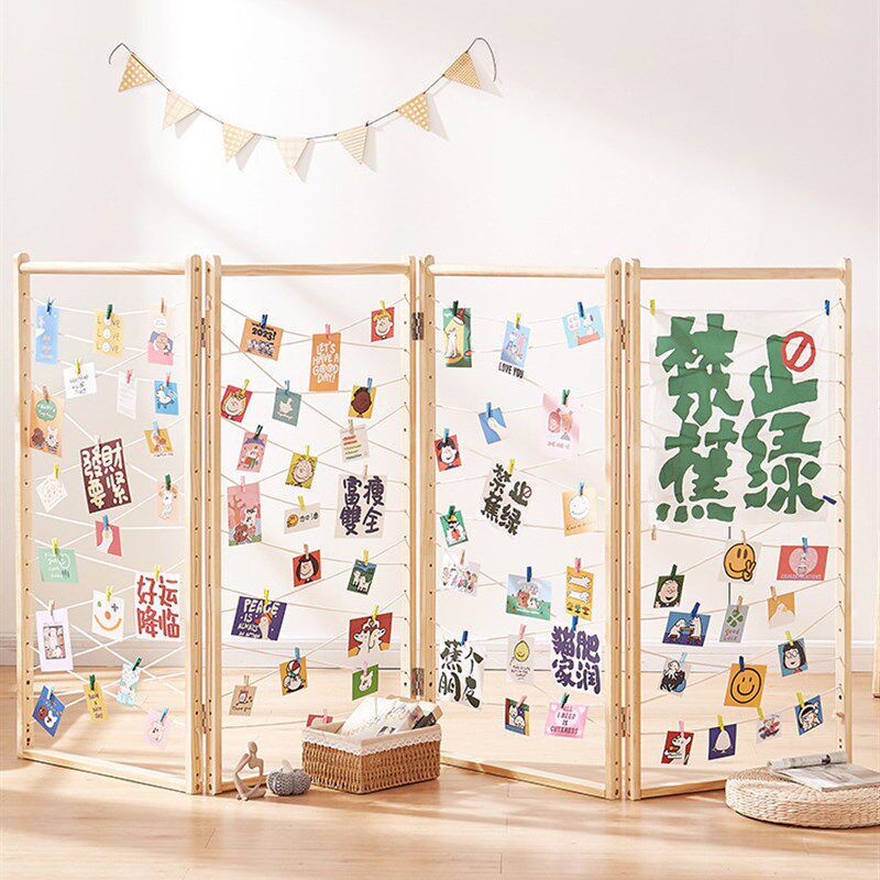 屏风隔断移动折屏照片展示架网格照片墙玄关折叠实木宿舍装饰架