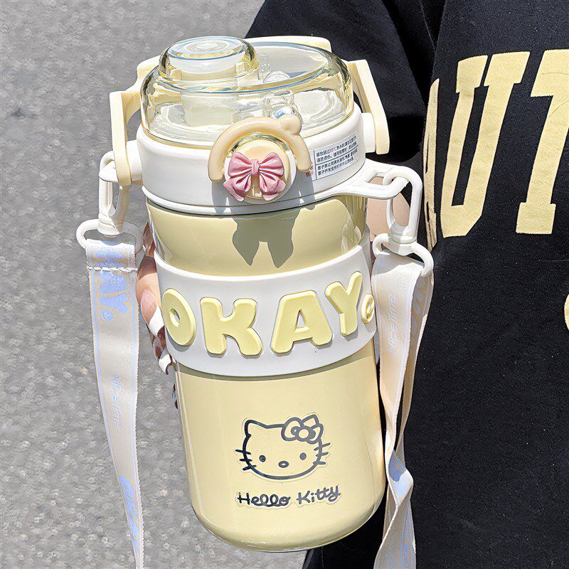 简约保温杯c大容量双饮吸管高颜值女生便携水壶学生儿童新款水杯