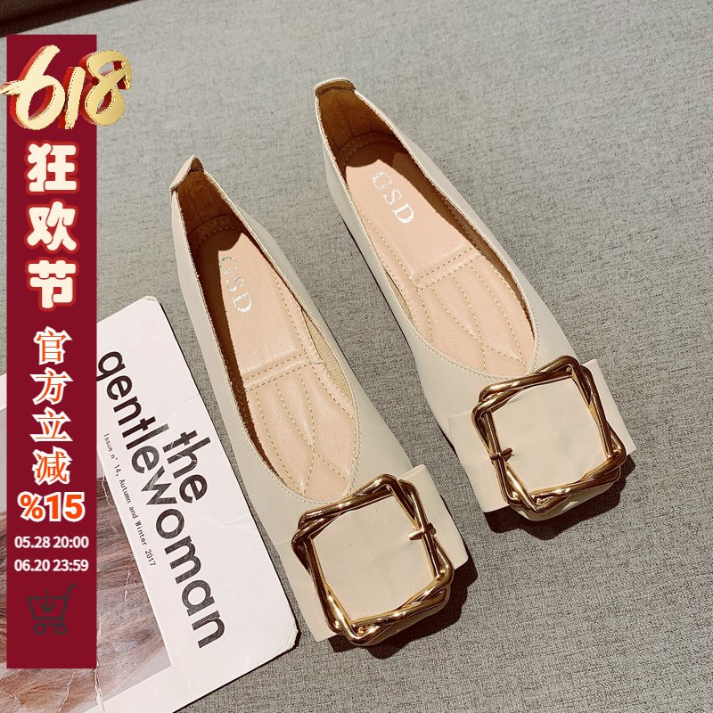 软底豆豆鞋2025年新款韩版金A属扣装饰浅口方头平底鞋简约百搭单