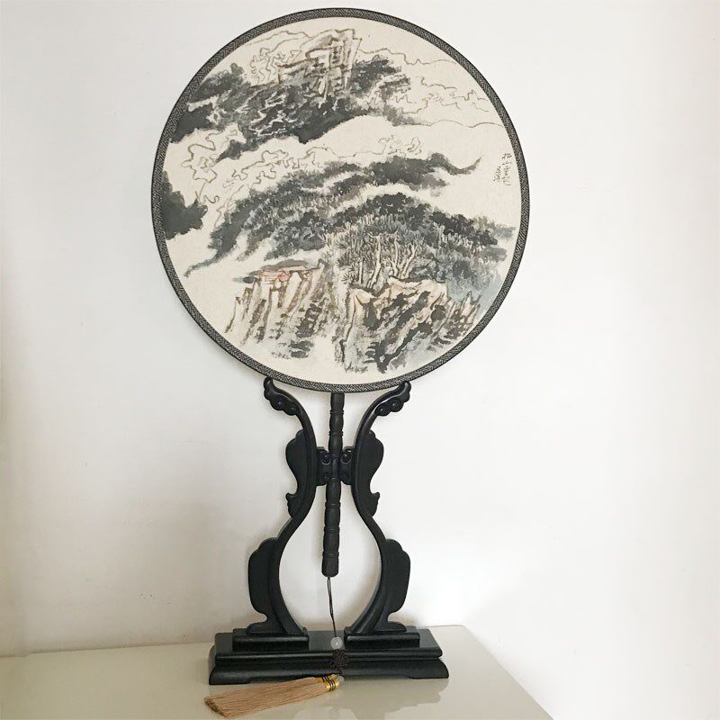明式扇架刺绣团扇宫扇乌木底座黑檀实木中式婚礼扇支架扇座架