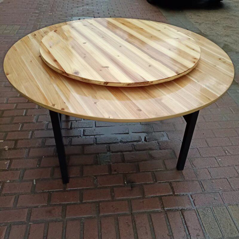 酒店饭店圆形餐桌实木转盘折叠大圆桌家用对折V圆桌面木质转盘