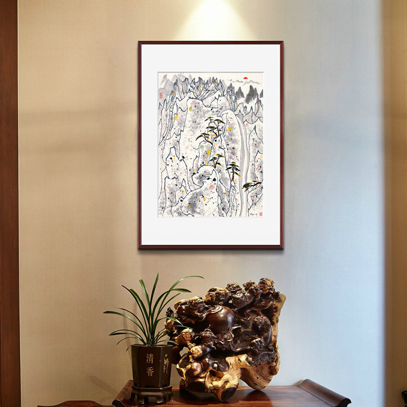 黄山日出吴冠中现代新中式风景抽象水墨画过道玄关办公室竖版国画