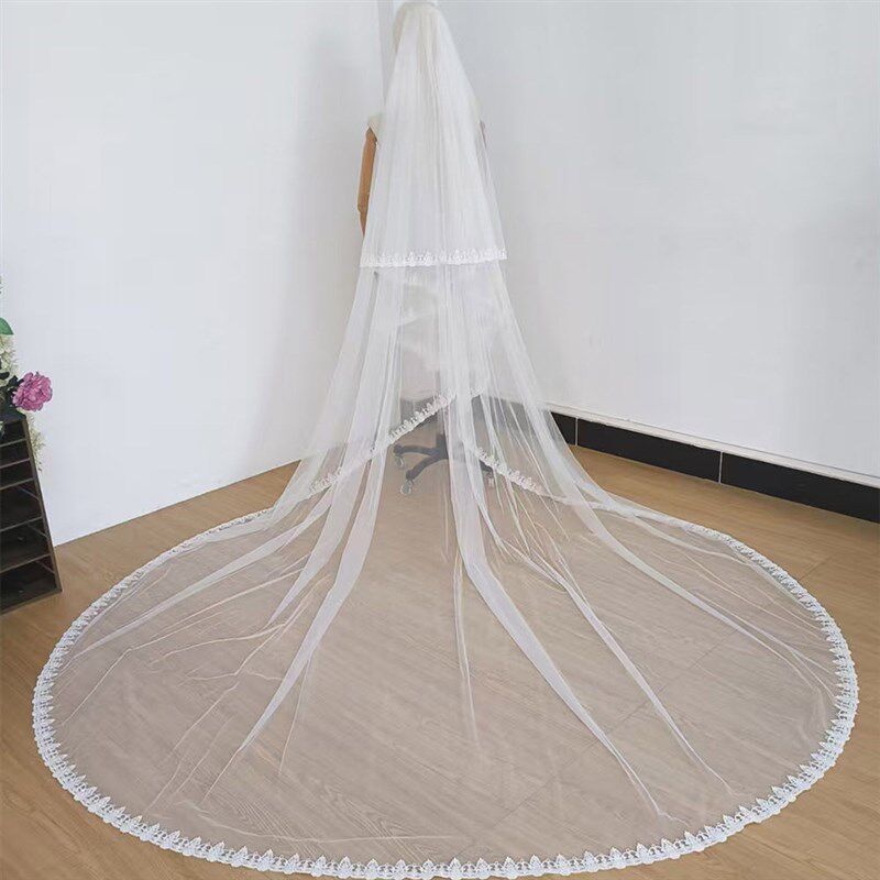 新娘头纱教堂婚礼拖地双层头纱车骨立体蕾丝可定制结婚头纱带面纱