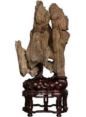 太湖石文房赏石(红木座)中式家居摆件 天然原石太湖石摆件