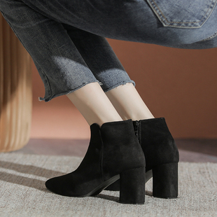 小码靴子313233粗跟尖头黑色马丁靴工作高跟裸靴大尺码女短靴41一