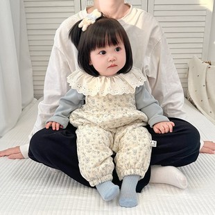 韩版秋冬新款女宝宝连体衣套装周岁小月龄打底背带裤加绒冬装爬服