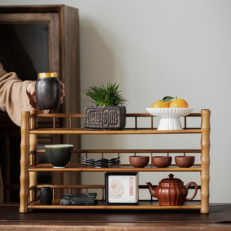 环保竹制桌面茶室家用茶杯茶壶茶具收纳架置物架展示架摆件茶配件