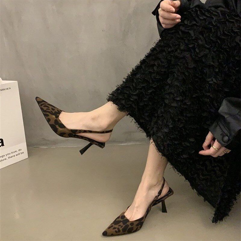 林宝宝包头高跟鞋后绊带黑色尖头单鞋凉鞋女夏细O跟成人礼2025新