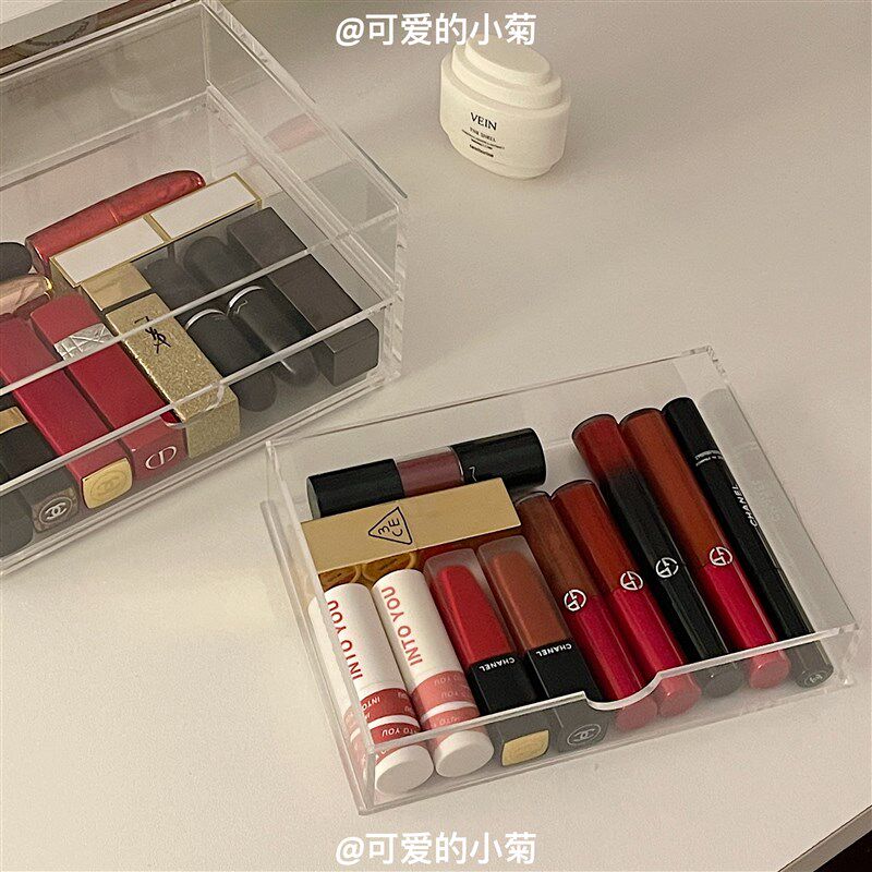 亚克力透明双层抽屉式收纳盒桌面文具小物件整理盒化妆品口红收纳