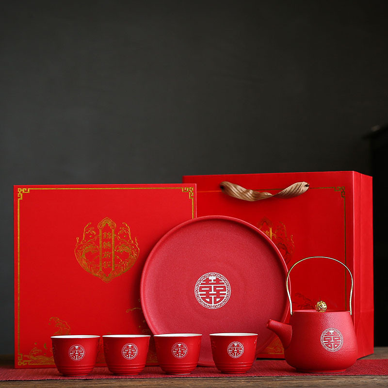 结婚敬茶杯茶具套装陶瓷红色提梁壶中式婚庆用品新娘嫁妆闺蜜礼物