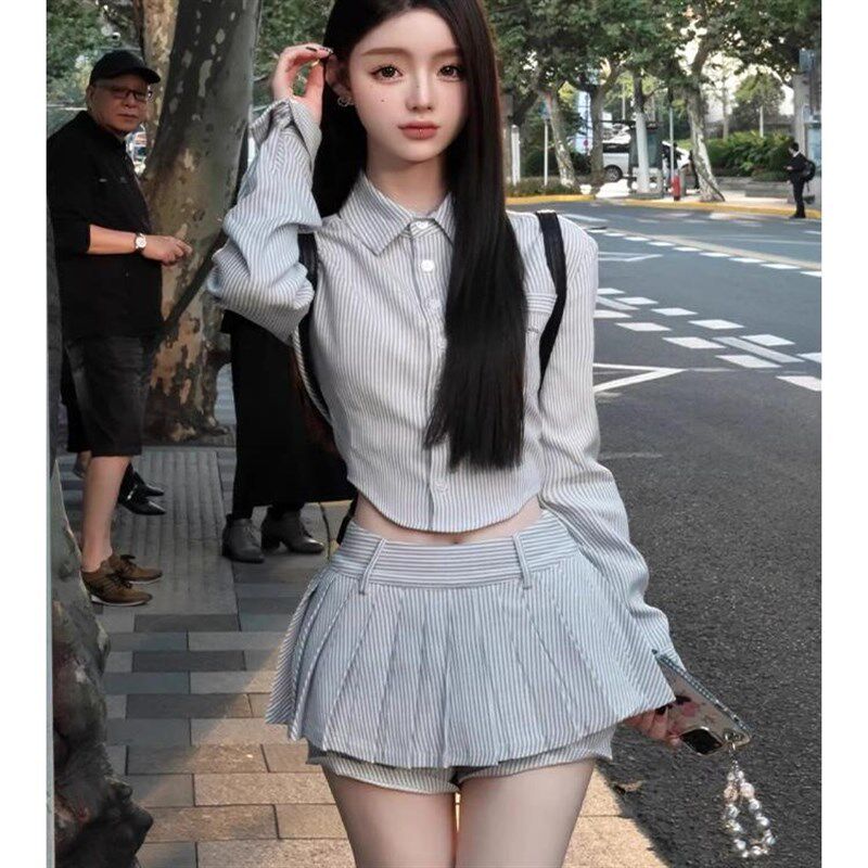 韩系学院风套装裙女春季甜辣妹洋气乖F巧收腰短款衬衫百褶裙两件
