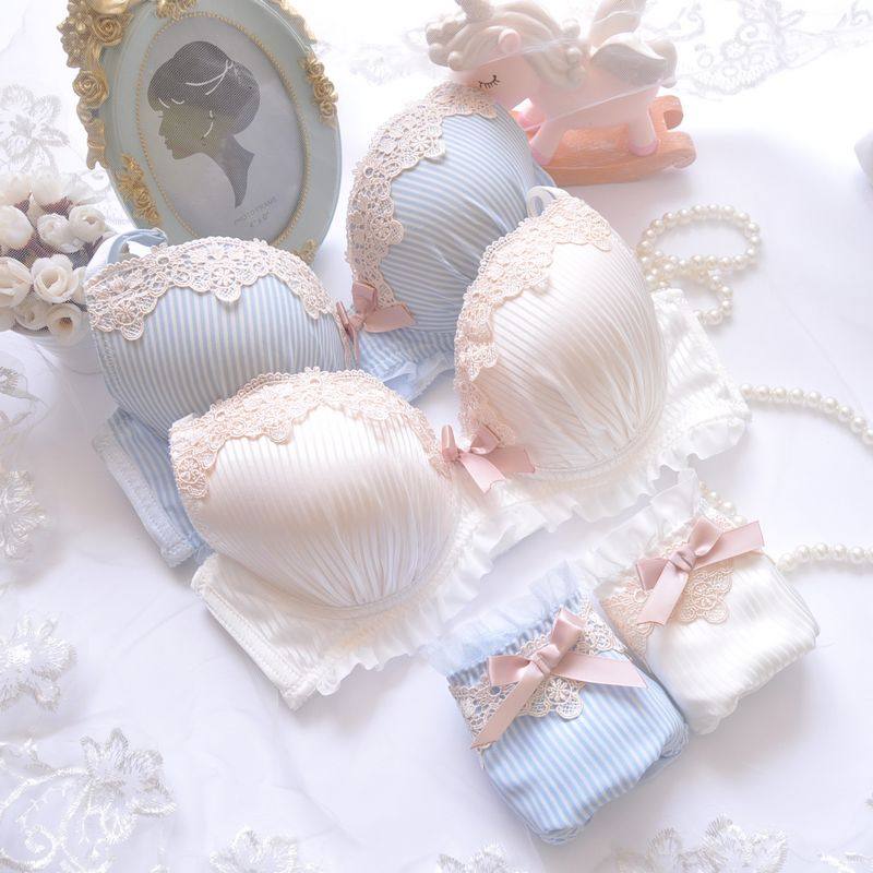 日系白色蓝色条纹无钢圈聚拢内衣薄模杯刺绣可爱少女甜美文胸套装