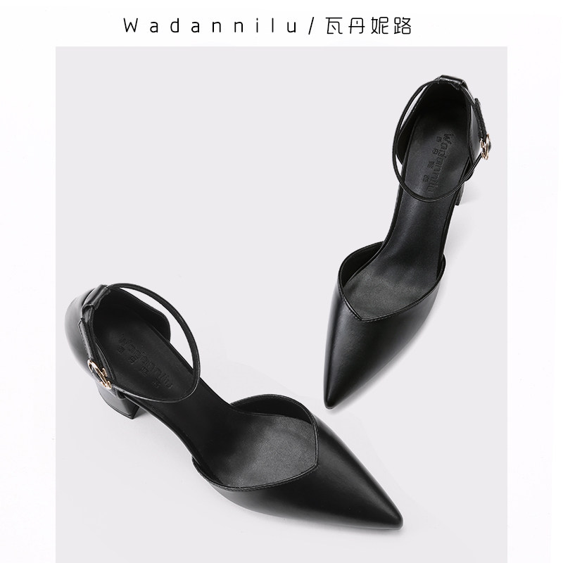 工作鞋女职业黑色高跟鞋女粗跟尖头百搭中M空一字扣包头凉鞋女单