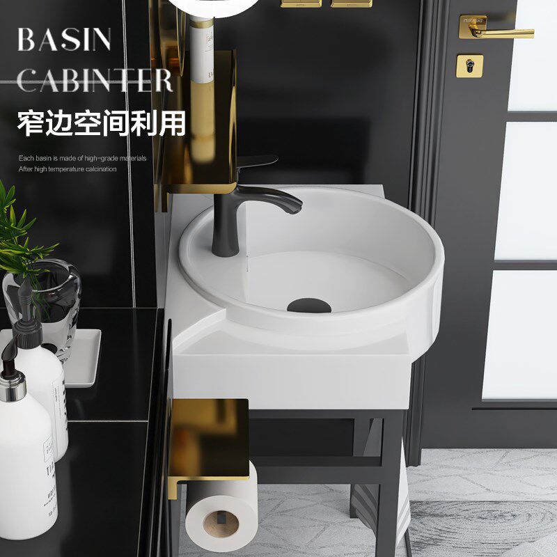 简约落地式立柱盆小户型洗脸盆卫生间洗I手盆带不锈钢支架洗漱台