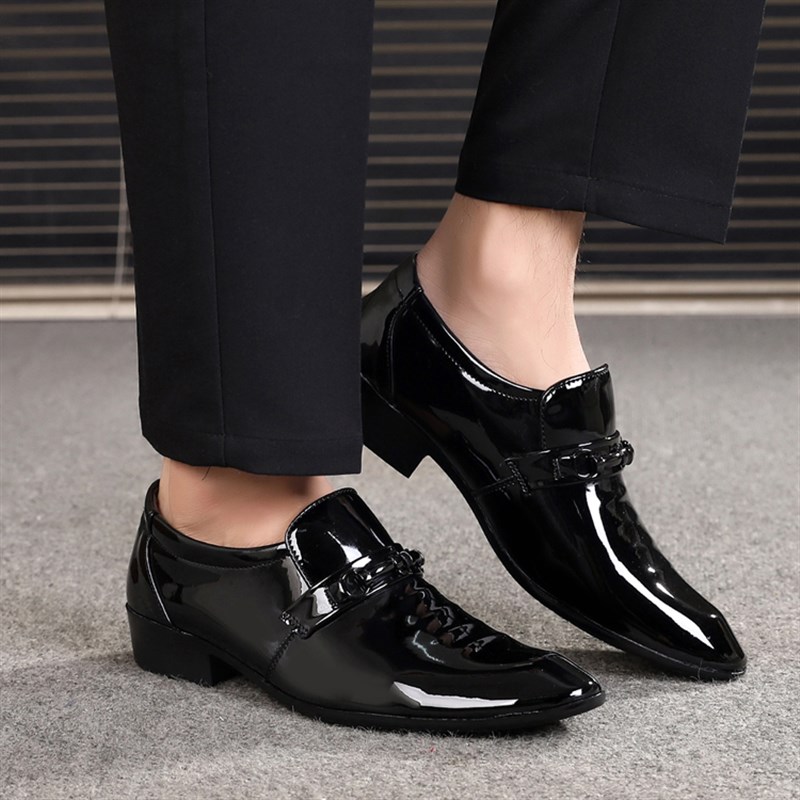 男士皮鞋青年韩版潮流商务正装春秋季英伦黑色亮皮尖头一脚蹬男鞋
