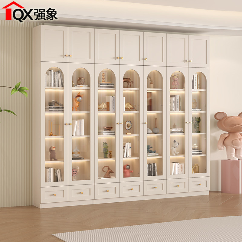 奶油风落地书柜防尘m玻璃门家用置物展示柜整面墙定制F-210-2